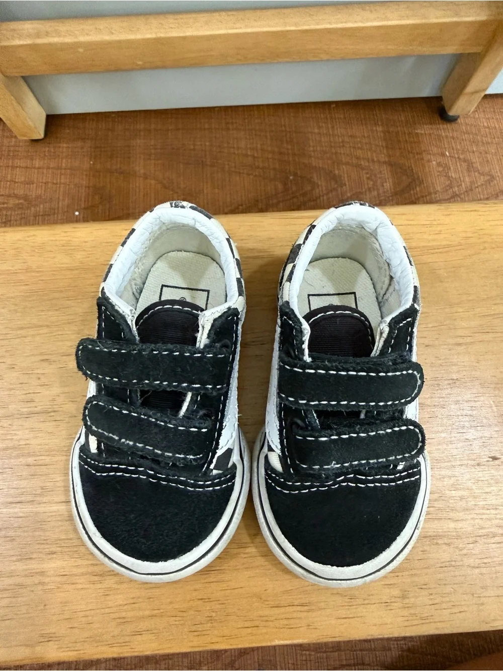 Toddler Black and Cream Checkerboard Slip-On Old Skool Vans with Velcro Straps